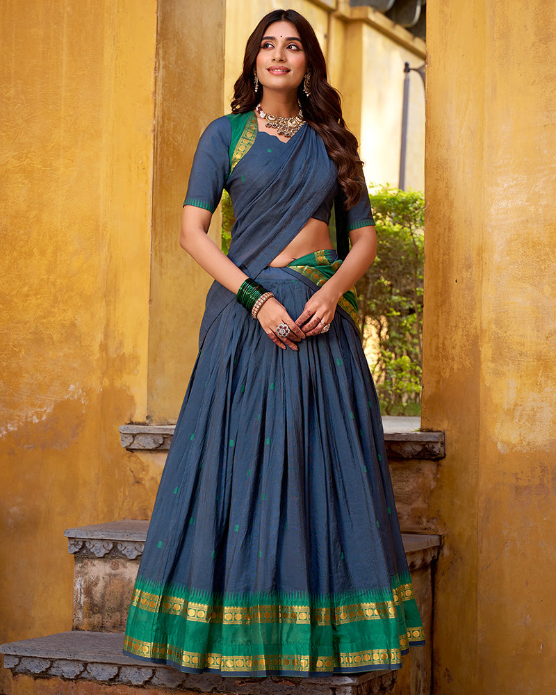 Elegant Navy Blue Chanderi Cotton Half Saree Lehenga Choli