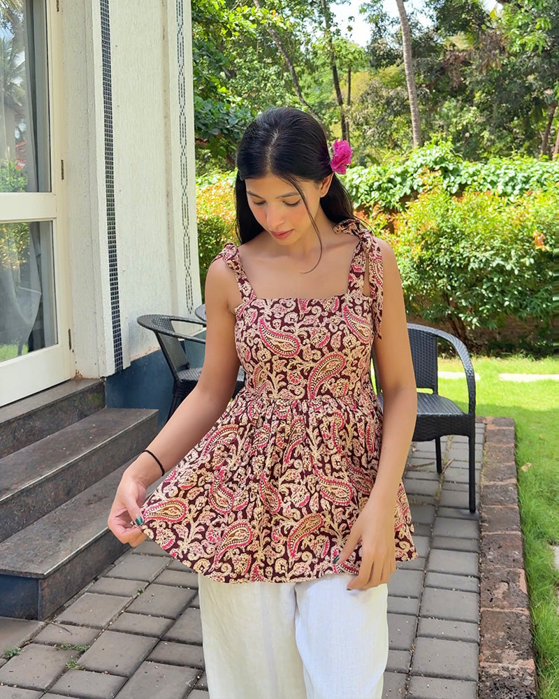 Maroon Color Pure Cotton Kalamkari Printed Tunic