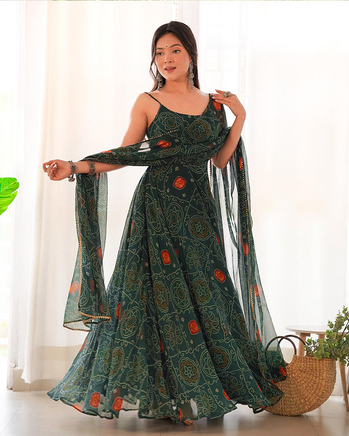 Floral Dark Green Color Soft Chiffon Anarkali Gown With Dupatta