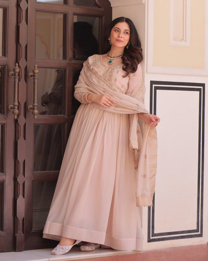 Designer Cream Color Star Georgette Embroidered Gown