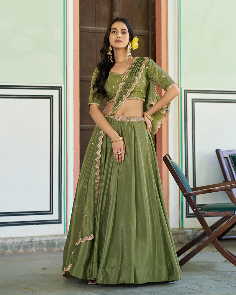 Designer Pista Color Chinon Embroidered Lehenga Choli