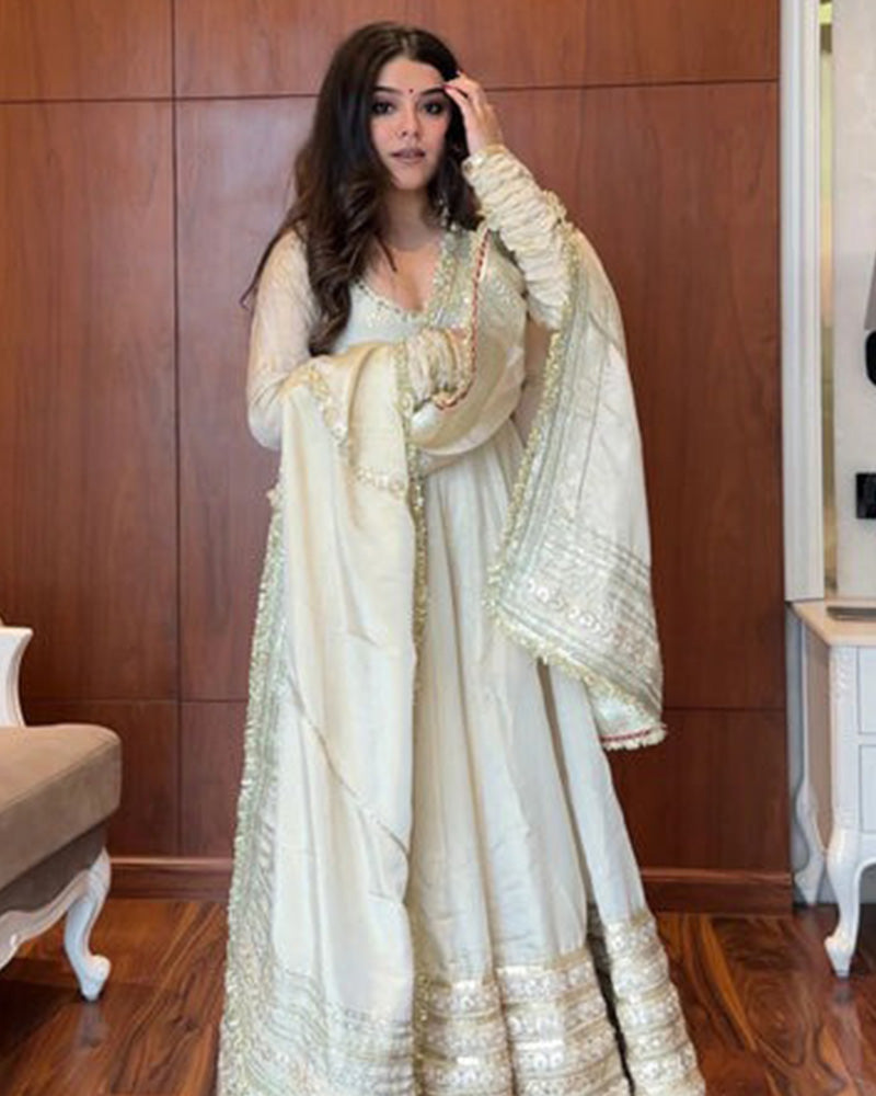 Off-White Color Pure Chinon Silk Embroidered Anarkali Suit