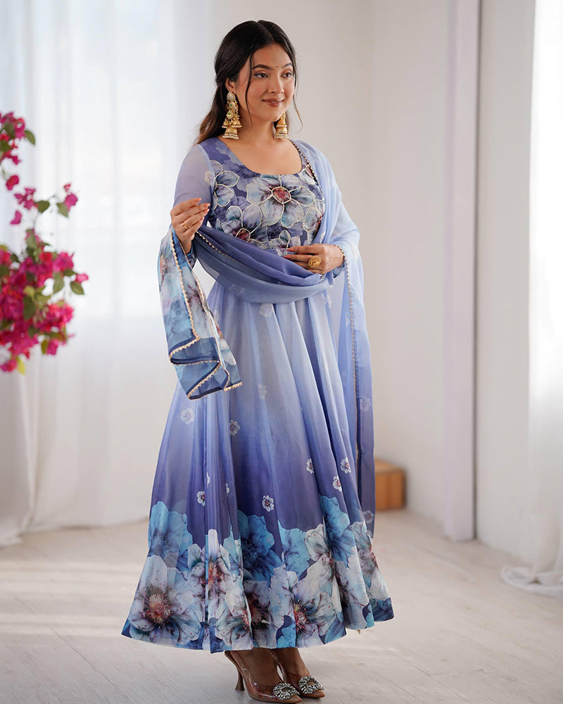 Navy Blue Color Digital Printed Organza Anarkali Suit