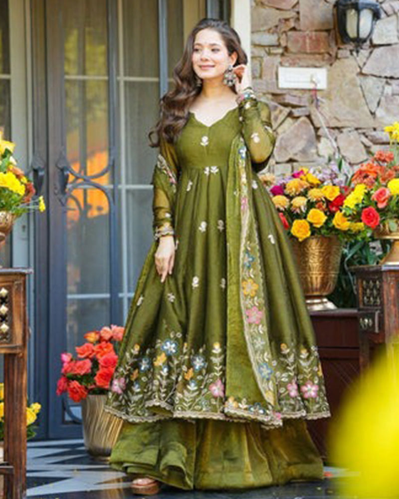 Mehndi Color Crunchy Silk Embroidered Sharara Suit