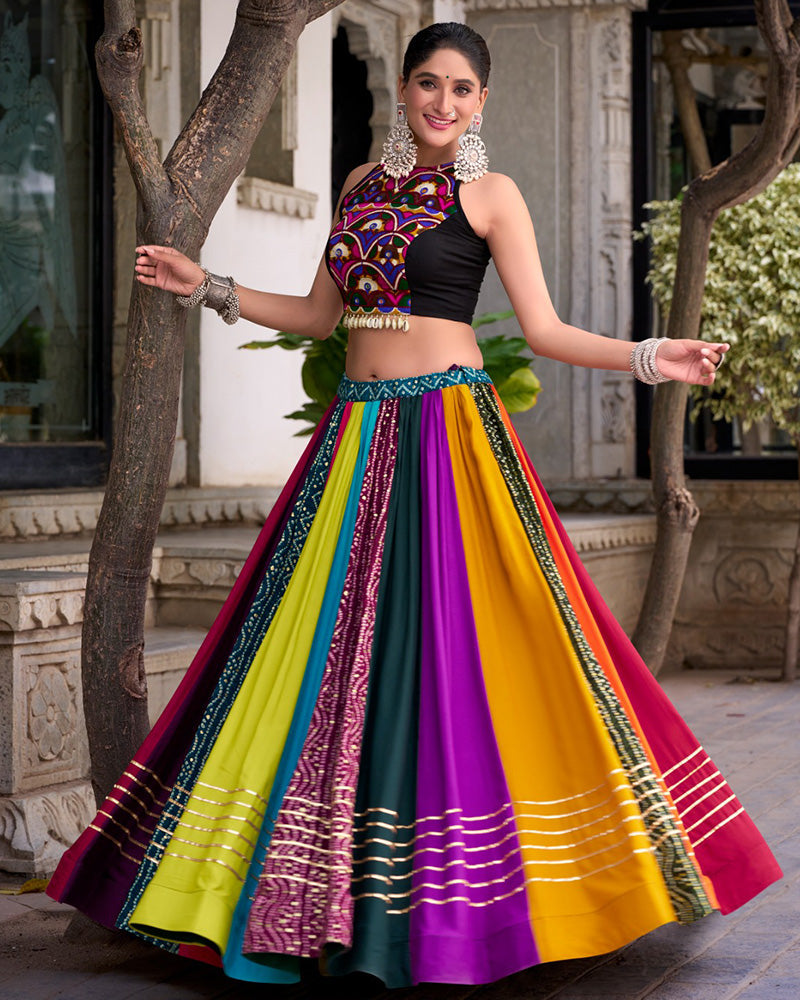 Multi Color Pure Rayon Navratri Lehenga With Black Choli