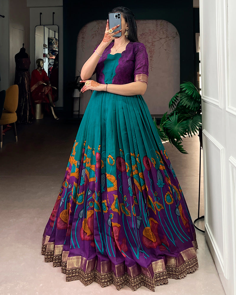 Teal Green Color Viscose Chanderi Floral Printed Gown