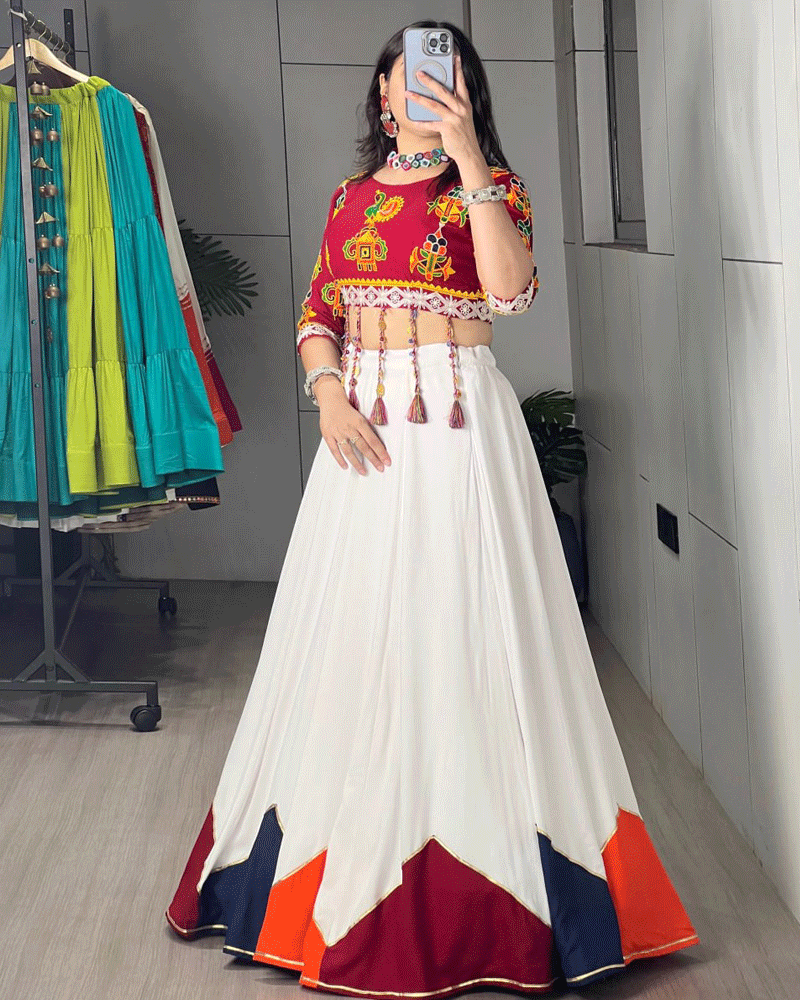 White And Maroon Color Rayon Cotton Navratri Lehenga Set