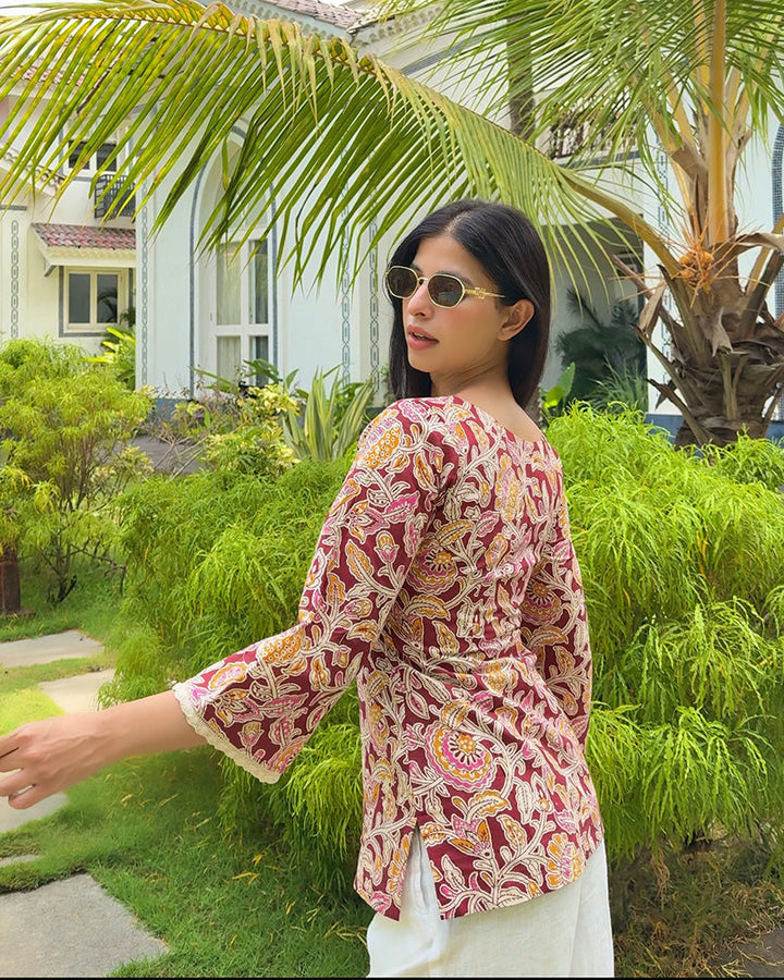 Maroon-Mustard Color Pure Cotton Floral Printed Tunic