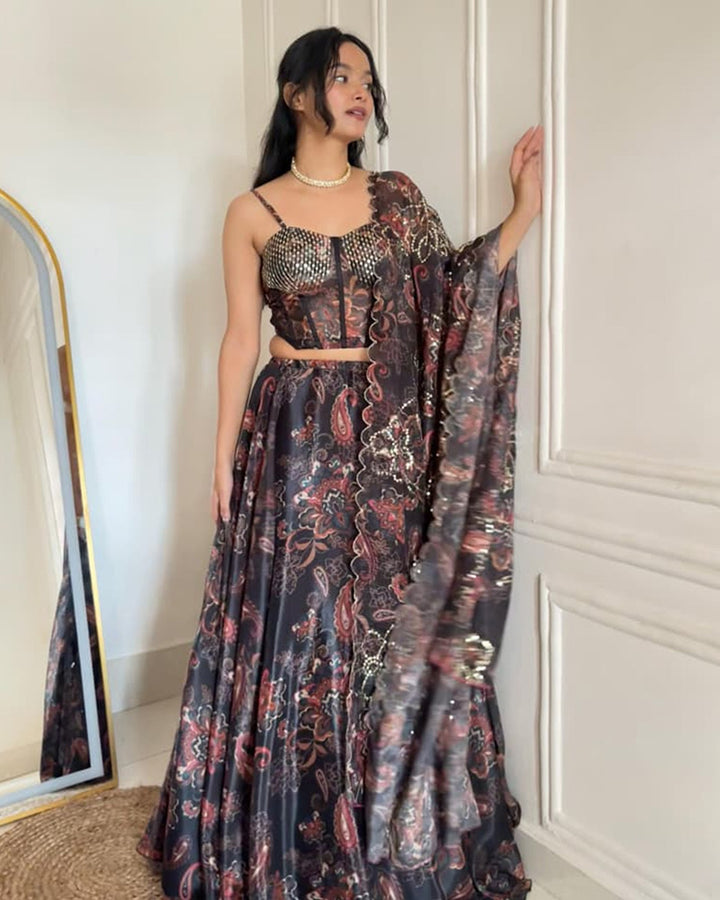 Grey Color Jimmy Organza Full Stitched Lehenga Choli