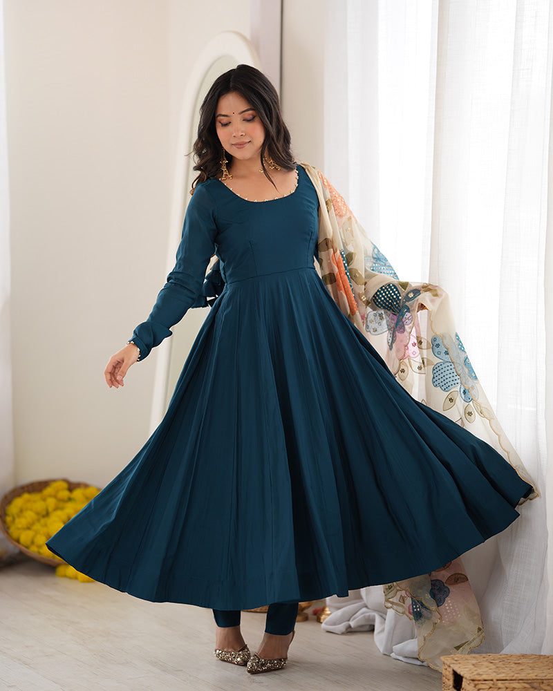 Teal Blue Roman Silk Three Piece Anarkali Suit