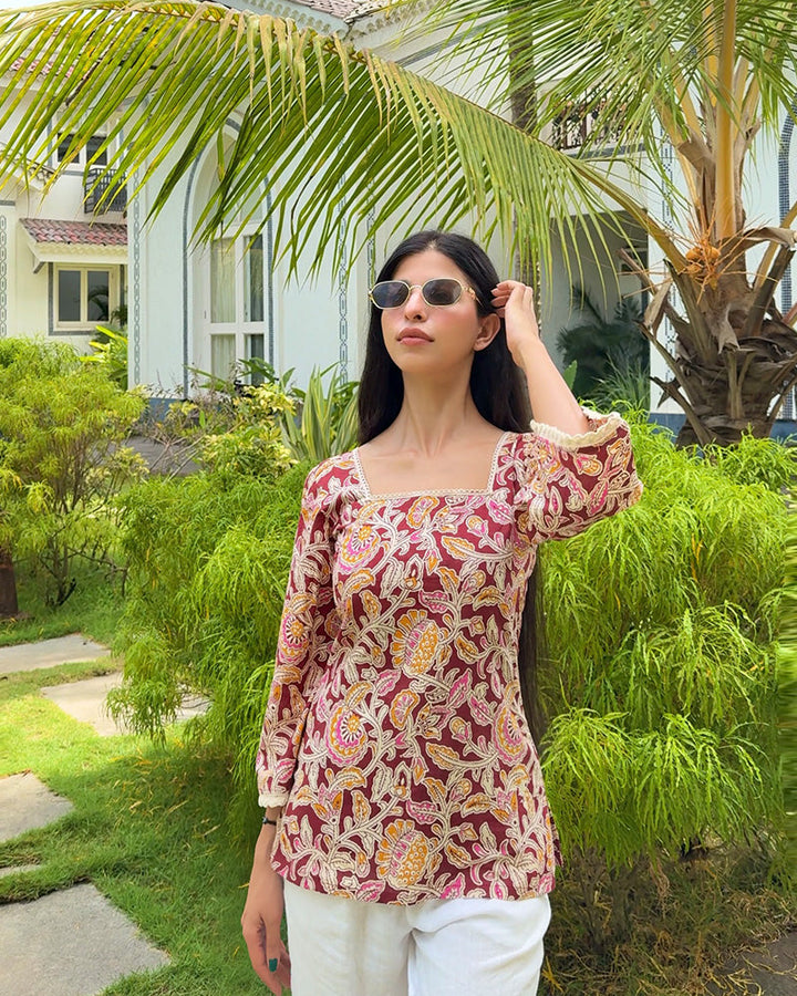 Maroon-Mustard Color Pure Cotton Floral Printed Tunic