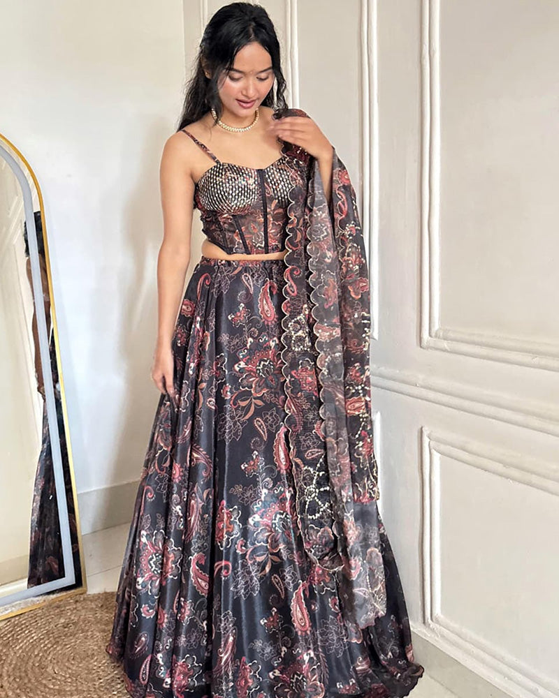 Grey Color Pure Soft Organza Full Stitched Lehenga Choli