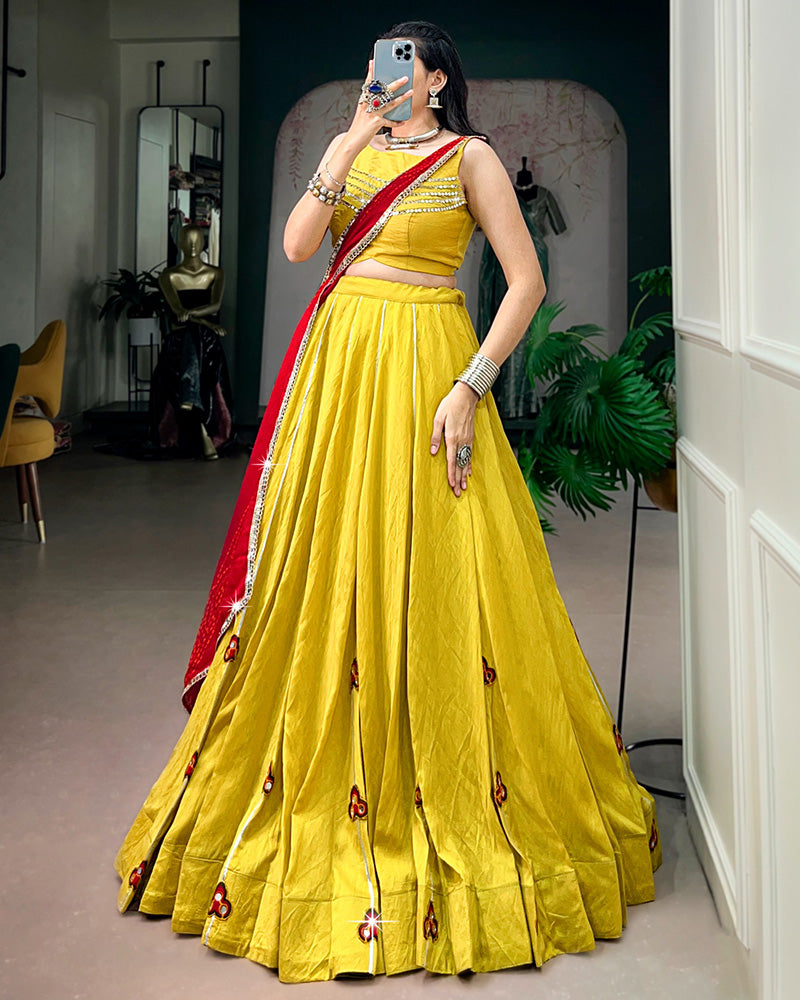 Traditional Yellow Color Chanderi Navratri Lehenga Choli