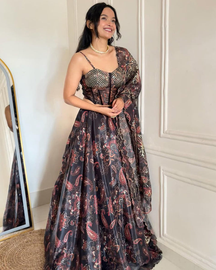 Grey Color Jimmy Organza Full Stitched Lehenga Choli