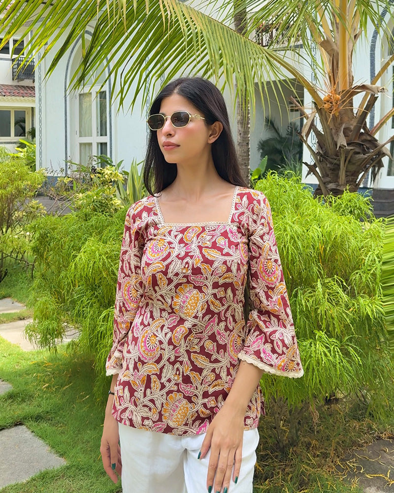 Maroon-Mustard Color Pure Cotton Floral Printed Tunic