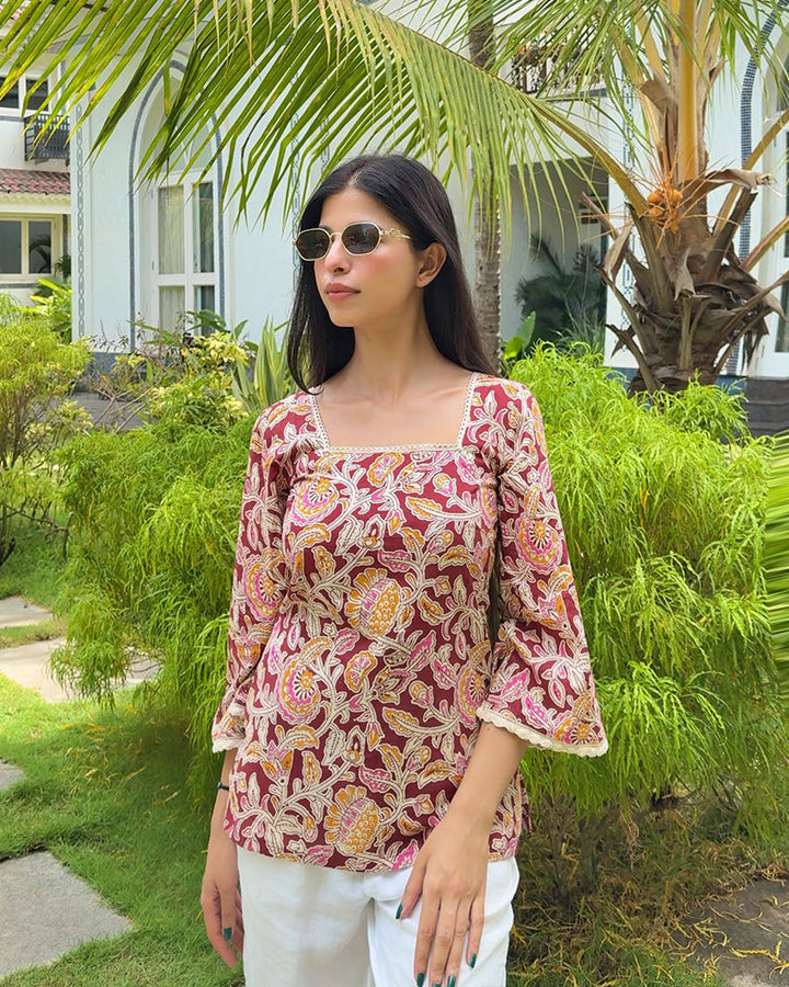 Maroon-Mustard Color Pure Cotton Floral Printed Tunic