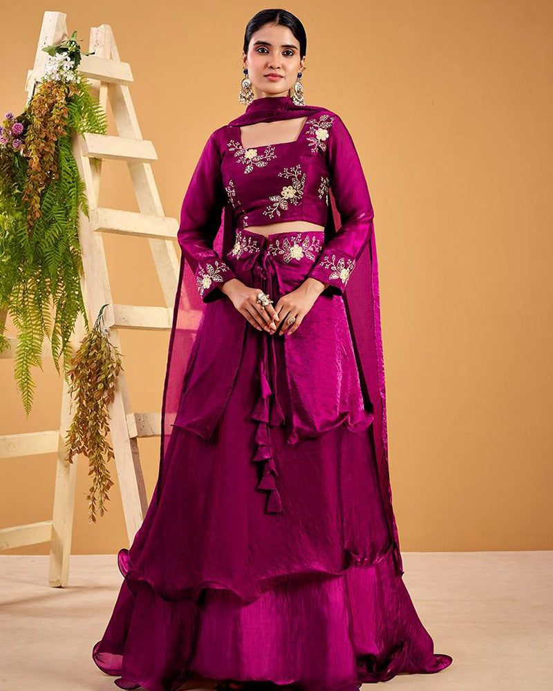 Wine Color Fendy Satin Silk Embroidered Lehenga Choli