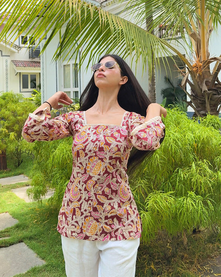 Maroon-Mustard Color Pure Cotton Floral Printed Tunic