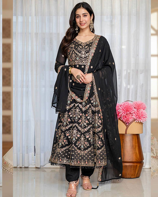 Black Color Faux Georgette Sequence & Zari Thread Embroidered Anarkali Suit