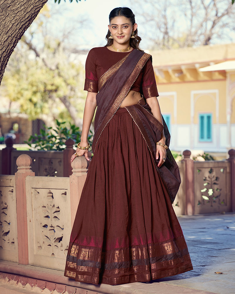Brown Color Poly Dyeable Zari Weaving Half Saree