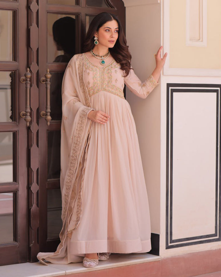 Designer Cream Color Star Georgette Embroidered Gown