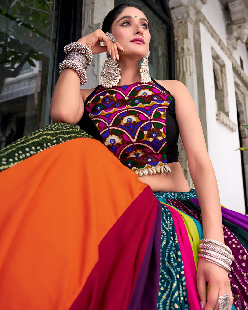 Multi Color Pure Rayon Navratri Lehenga With Black Choli