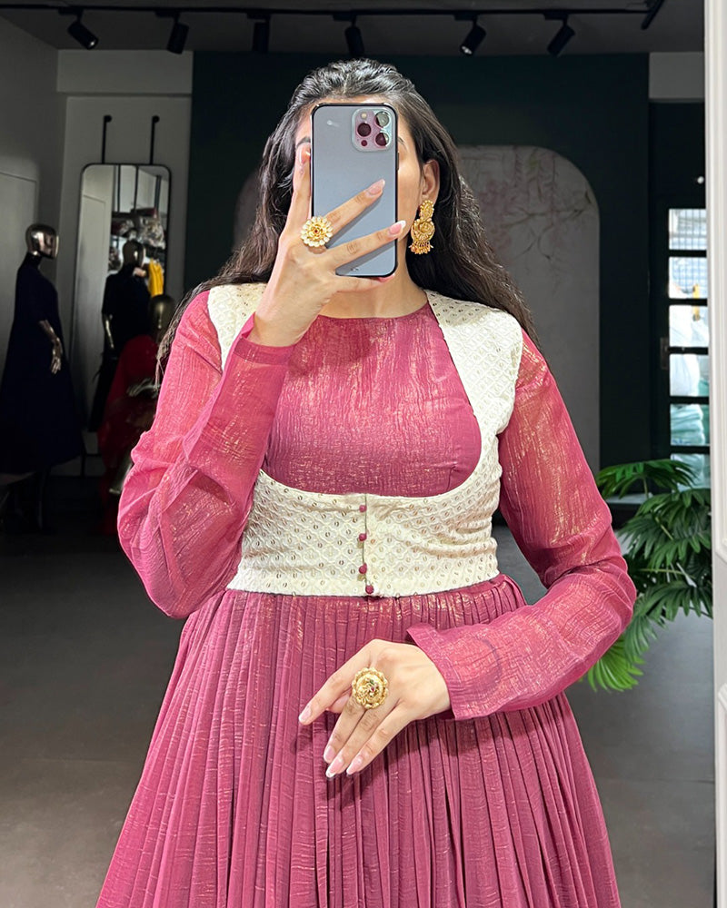 Designer Pink Color Silver Glossy Gown