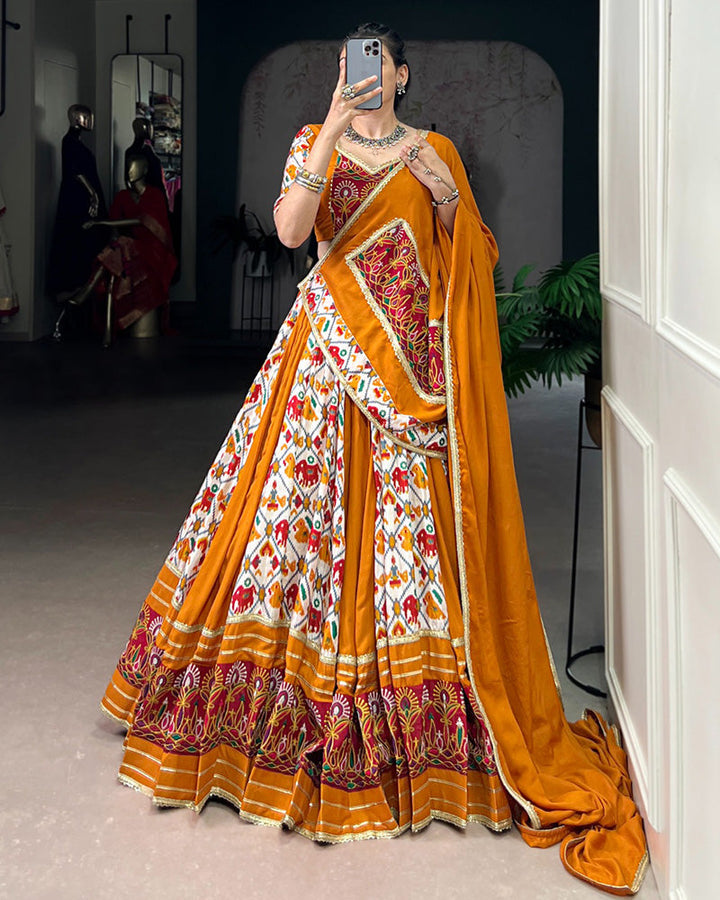 Mustard Color Pure Rayon Printed Silk Navratri Lehenga