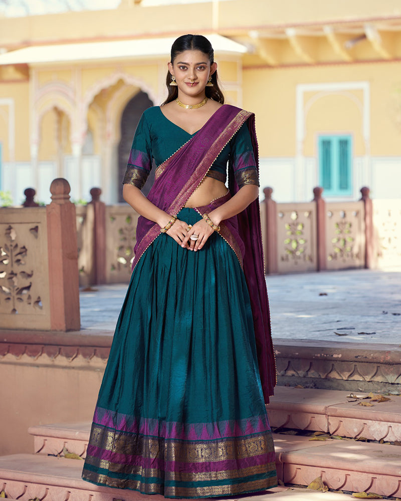 Teal Blue Color Poly Dyeable Zari Weaving Half Saree