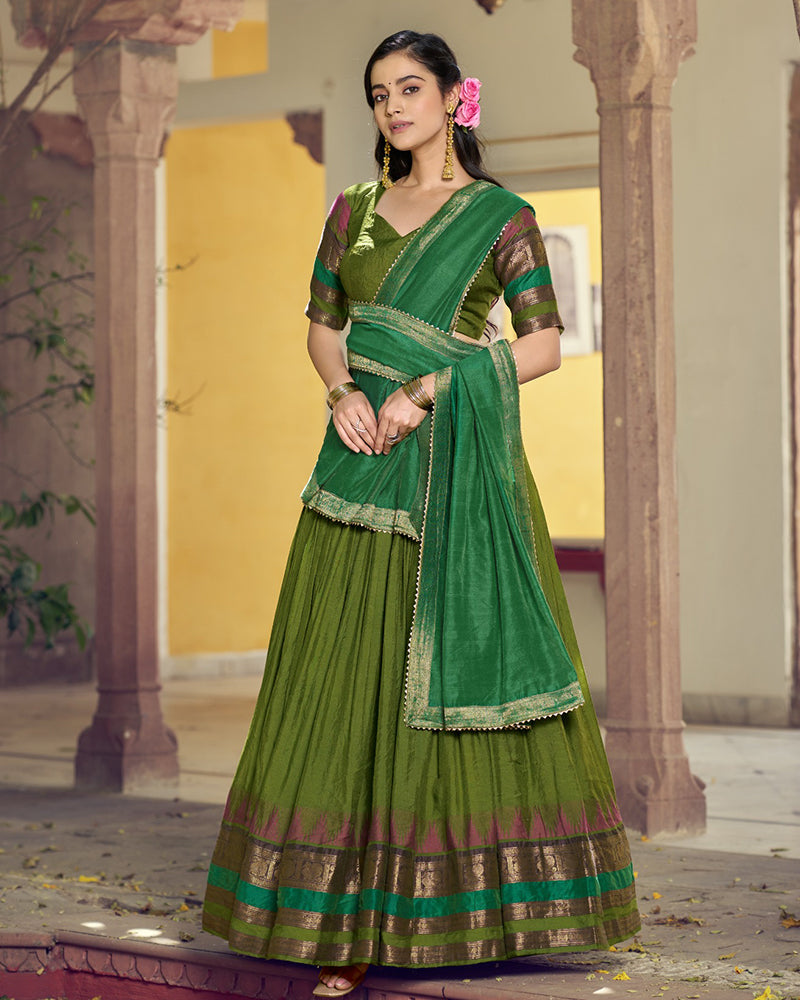 Parrot Green Color Poly Dyeable Zari Weaving Half Saree