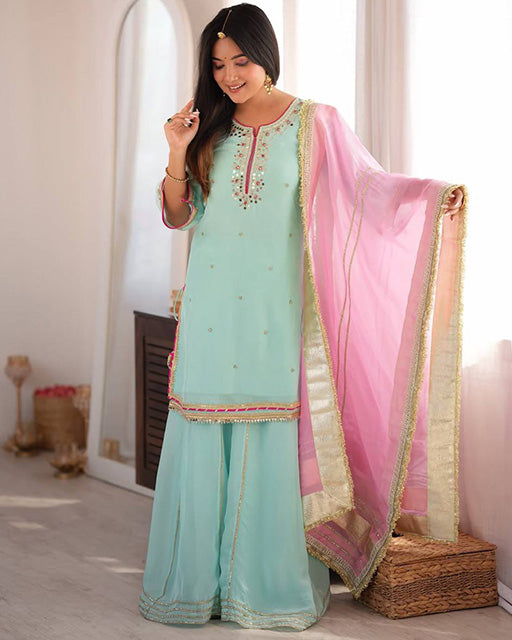 Sky Color Faux Blooming Embroidered Sharara Suit