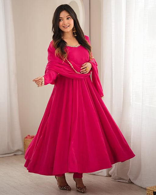 Rani Pink Color Pure Mal Chanderi Anarkali Suit
