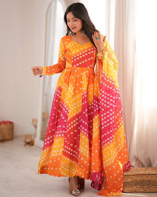 Yellow Color Bandhani Printed Tebby Organza Anarkali Suit