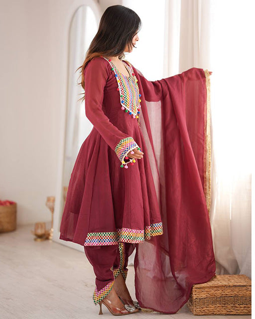 Dusty Maroon Color Crunchy Silk Three Piece Suit
