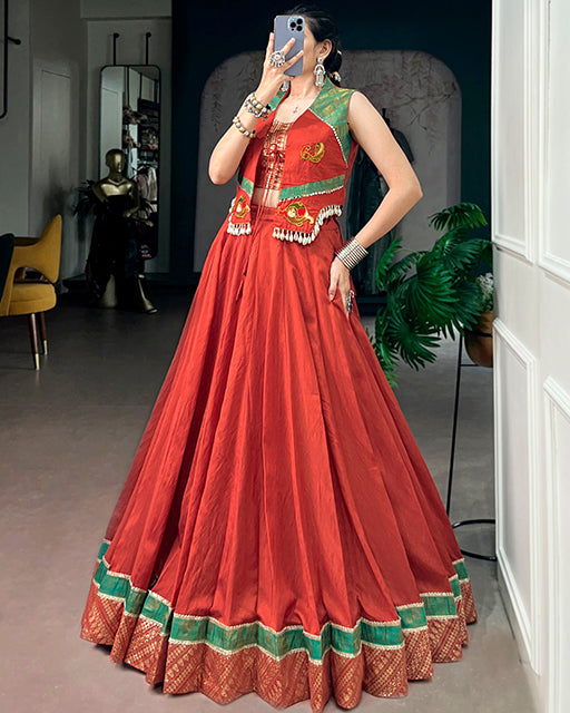 Rust Orange Color Pure Chanderi Navratri Lehenga Choli
