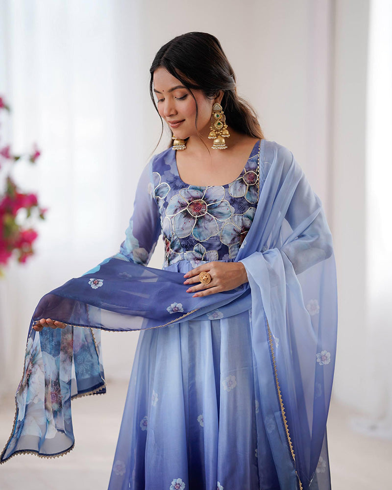 Navy Blue Color Digital Printed Organza Anarkali Suit