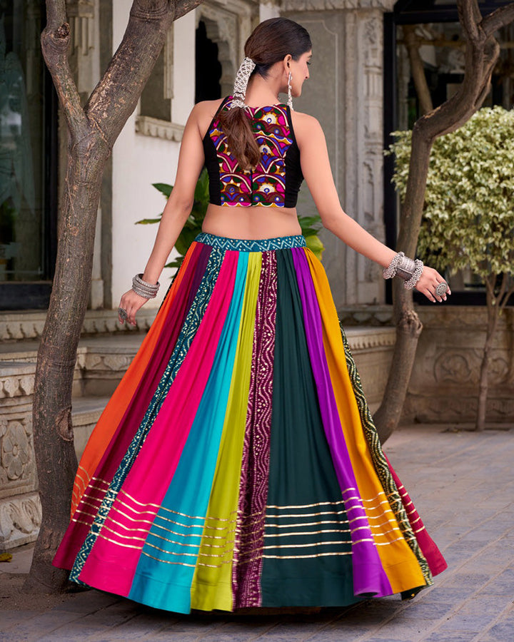 Multi Color Pure Rayon Navratri Lehenga With Black Choli
