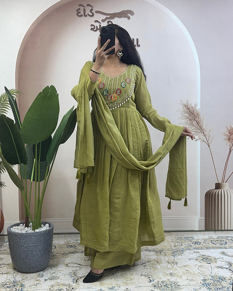 Olive Green Color Pure Mal Chanderi Plazzo Suit