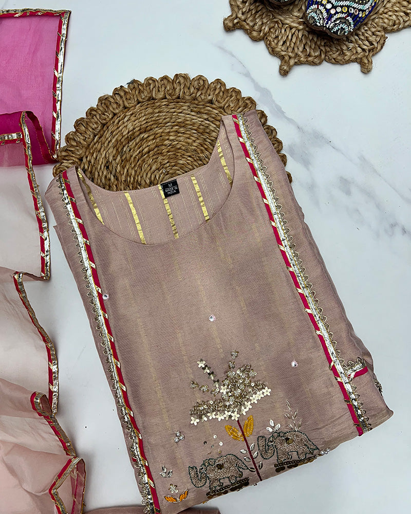 Pink Color Shimmer Silk Three Piece Kurti Suit