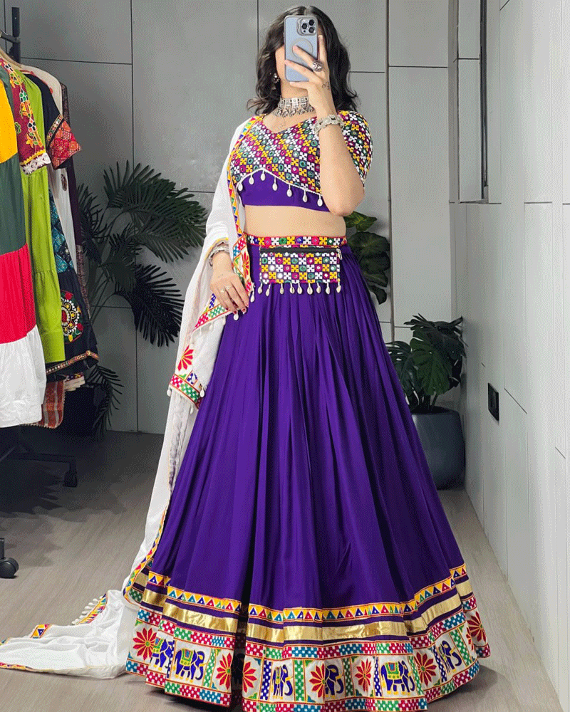 Purple And White Color Rayon Cotton Navratri Lehenga Choli