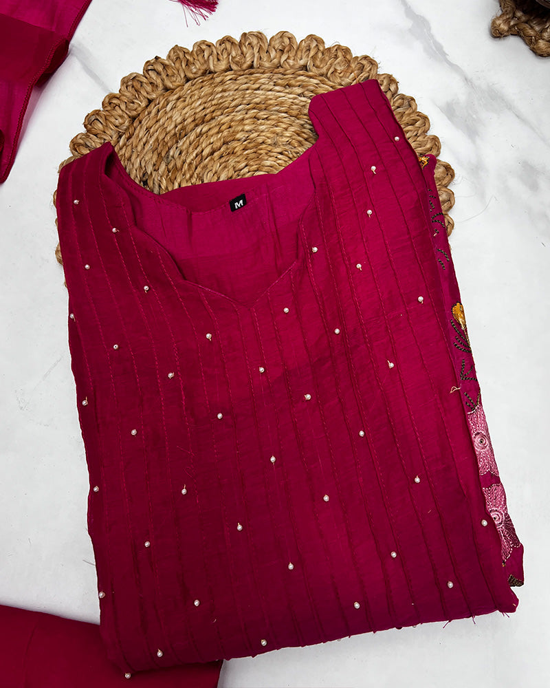 Rani Pink Color Roman Chanderi Silk Embroidered Plazzo Suit
