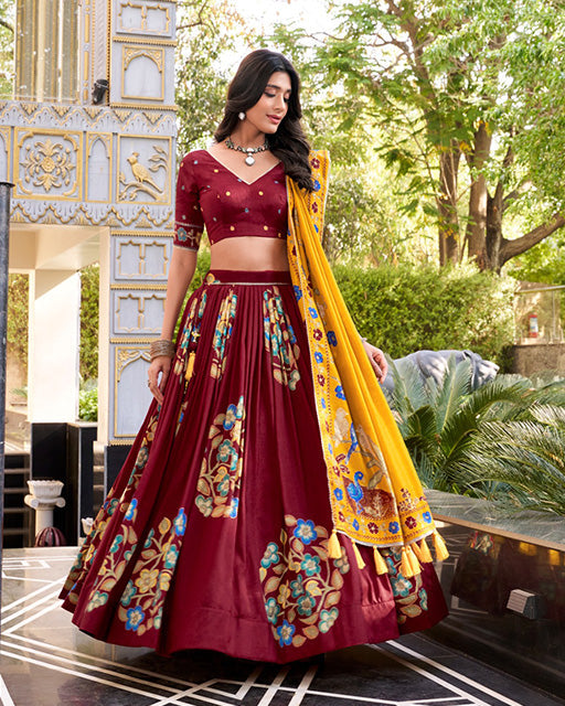 Maroon Color Tussar Silk Printed With Foil Work Lehenga Choli