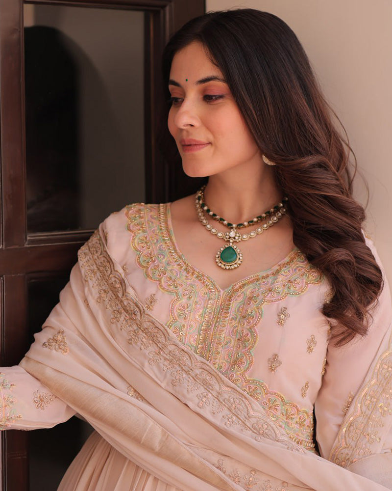 Designer Cream Color Star Georgette Embroidered Gown