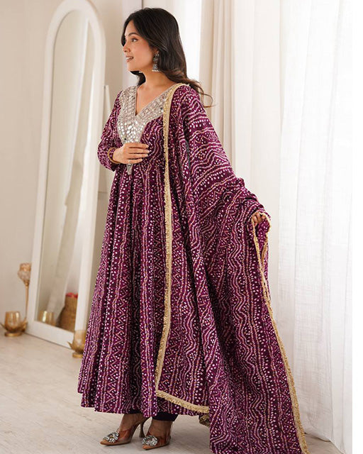 Wine Color Rayon Mirror Embroidered Anarkali Suit
