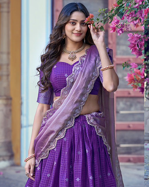 Purple Color Chinon Chex Zari Weaving Half Saree