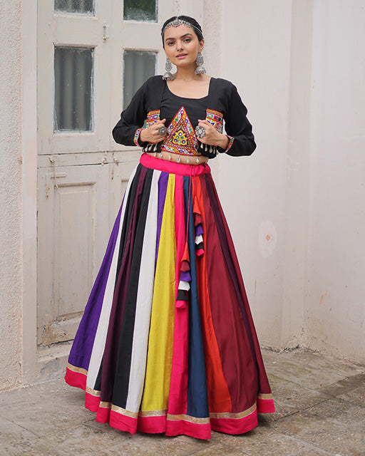 Multi Color Roman Lehenga With Black Koti Style Blouse