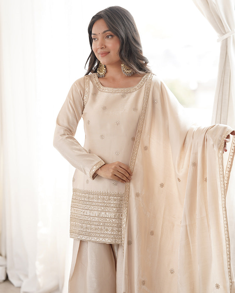 Off-White Color Roman Silk Embroidered Farshi Salwar Suit