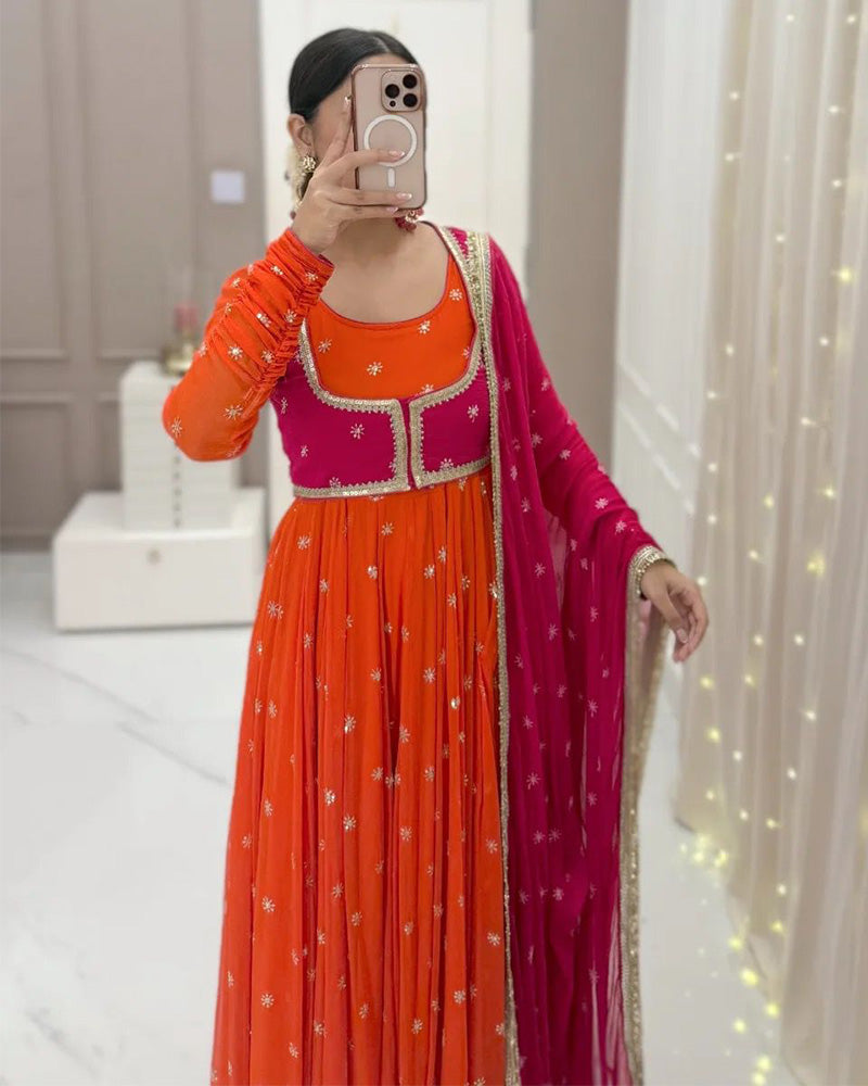 Orange Color Georgette Sequence Embroidered Anarkali Suit