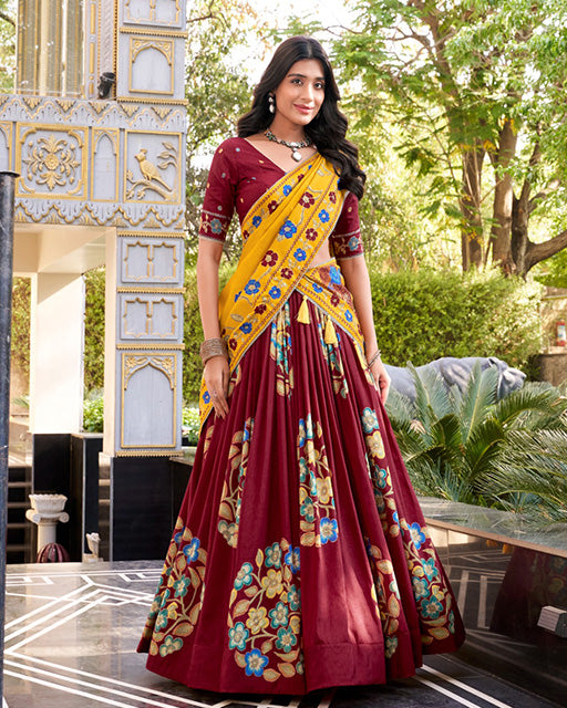 Maroon Color Tussar Silk Printed With Foil Work Lehenga Choli