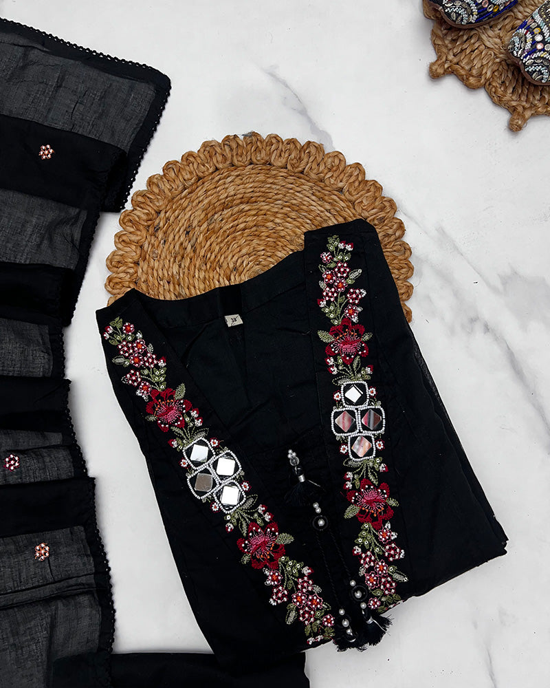 Black Color Mal Cotton Three Piece Kurti Suit